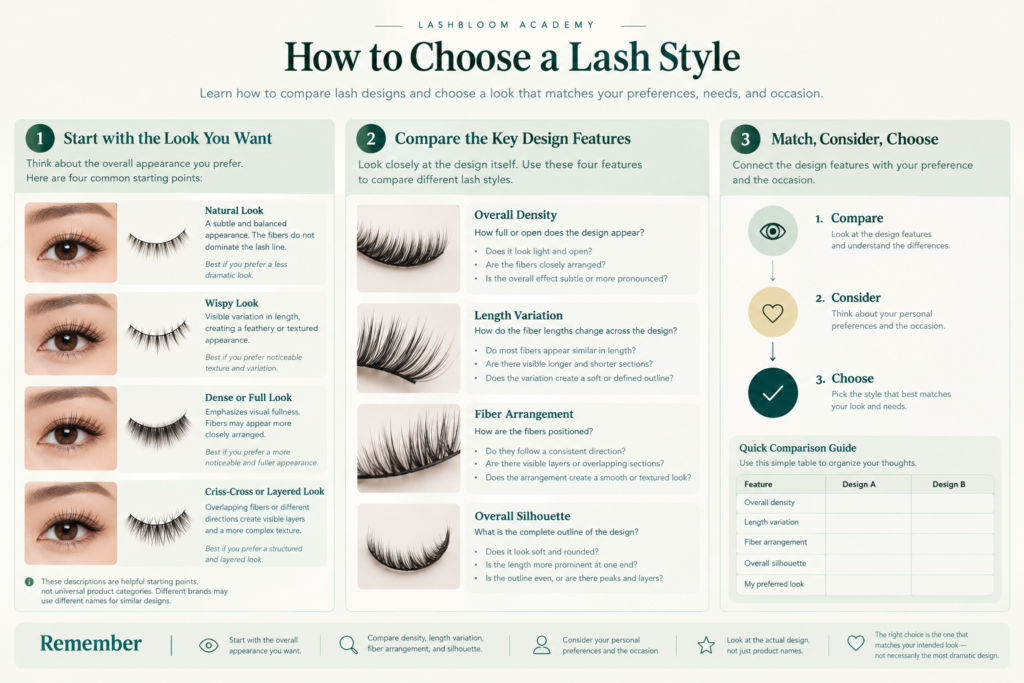 Educational guide to choosing a false eyelash style by comparing desired looks and key design features