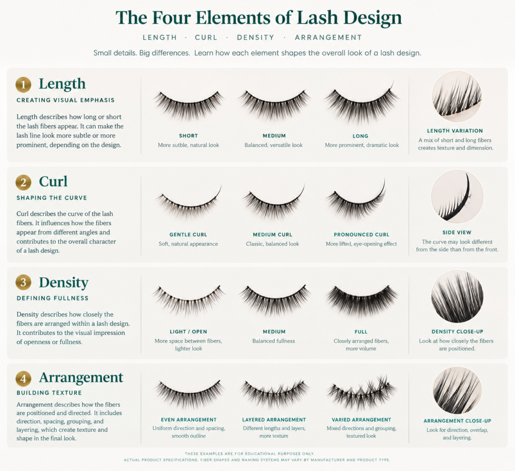 Educational infographic explaining four elements of lash design: length, curl, density, and arrangement.