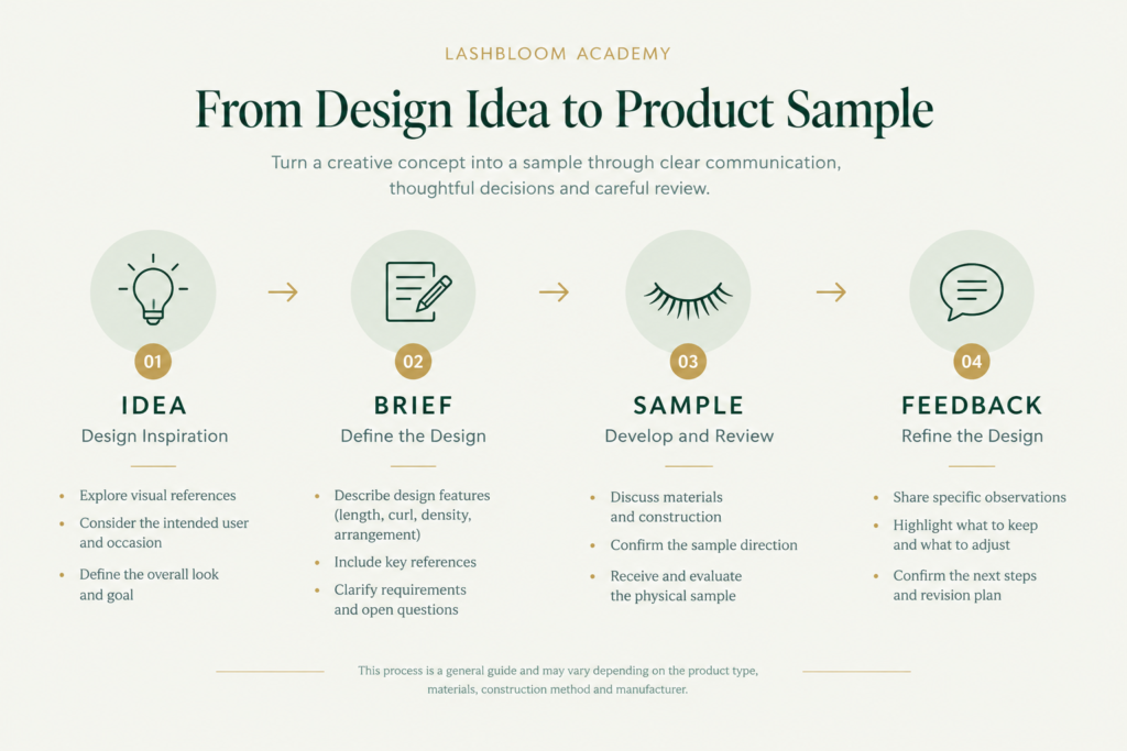 Infographic showing four stages of turning a lash design idea into a product sample: idea, brief, sample, and feedback.