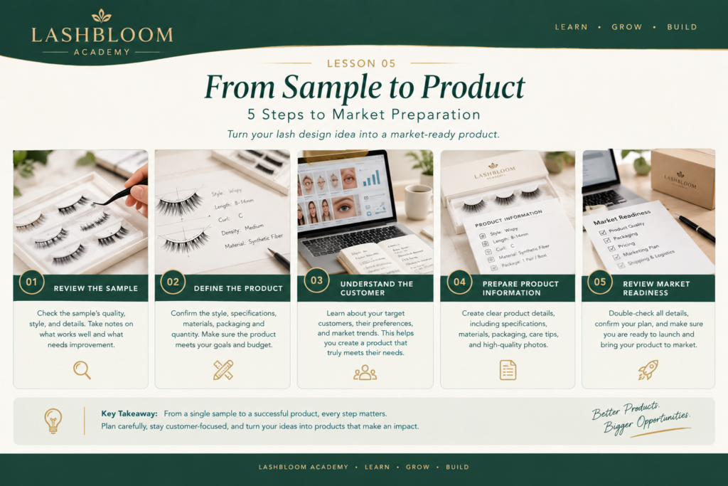 Educational infographic showing five steps from lash sample to product preparation: sample review, product definition, customer understanding, product information, and market readiness.