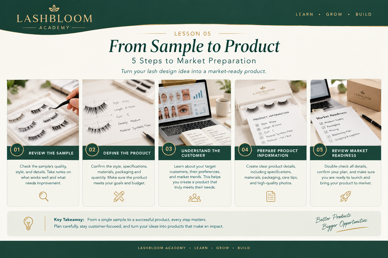 Educational infographic showing five steps from lash sample to product preparation: sample review, product definition, customer understanding, product information, and market readiness.