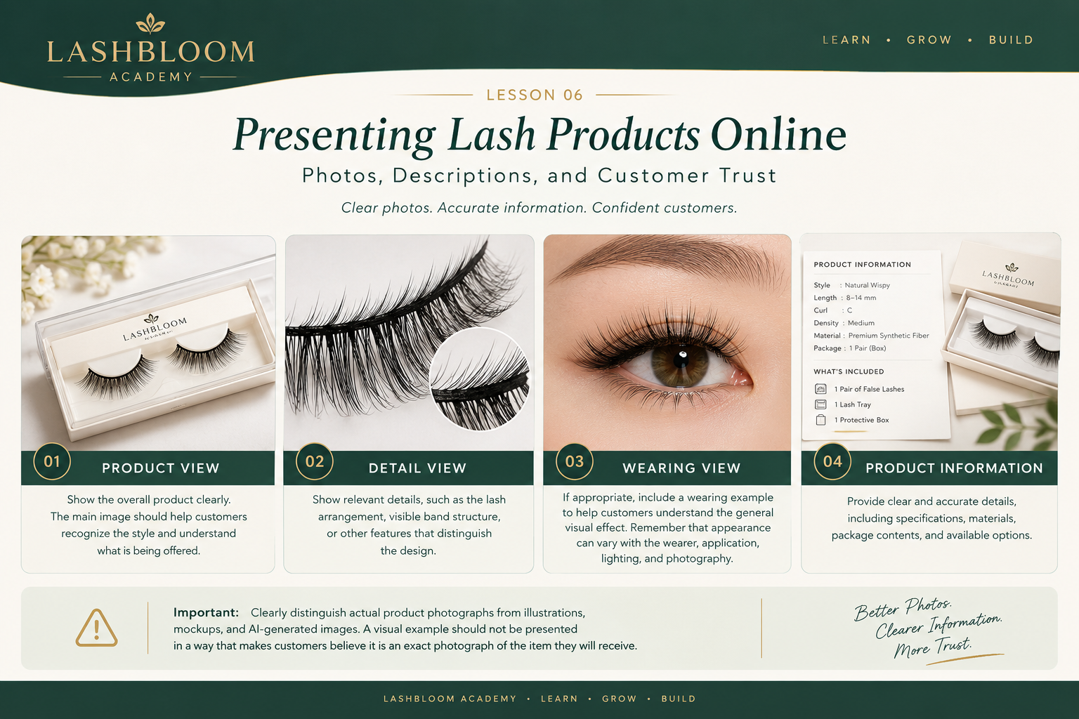 Educational infographic showing four elements of online lash product presentation: product view, detail view, wearing view, and product information.